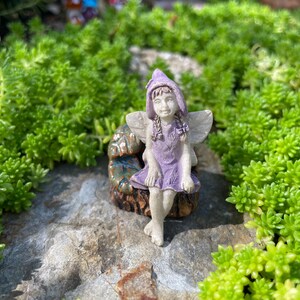 May include: A small, detailed fairy figurine with a purple dress and matching hooded hat. The fairy has delicate wings and is seated on a textured, brown and blue base. The figurine is surrounded by green plants and sits on a gray stone.