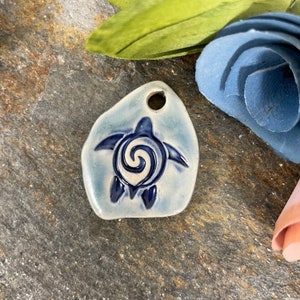 Turtle Pendant, Beads, Handmade ceramic bead, pendant, blue green sea turtle design, jewelry supply, necklace bead, drop pendant