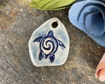 Turtle Pendant, Beads, Handmade ceramic bead, pendant, blue green sea turtle design, jewelry supply, necklace bead, drop pendant