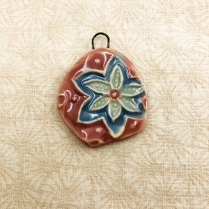 Pink and blue flower artisan charm, handmade ceramic pendant, textured bead, focal bead for jewelry making, necklace pendant image 7