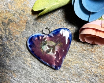 Blue and red heart charm, handmade ceramic pendant, focal bead for jewelry making, textured necklace bead