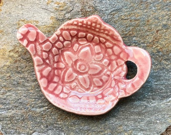 Teabag dish, Tea Bag Holder, Tea Drinker Gift, Pink Trinket Dish, Handmade Ceramic, Tea Drinker Gift, Teapot Dish