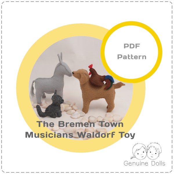 The Bremen Town Musicians pattern, Waldorf Animals Felt Toy Set Pattern, DIY Stuffed Toy Set for Imaginative Play