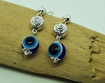 Blue Evil Eye Dangle Drop Earrings- Silver Flower Earrings