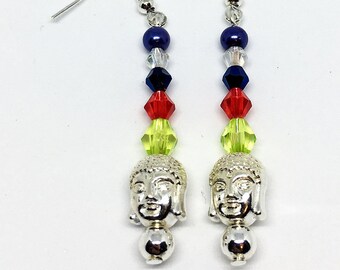 Long dangle earrings- Buddha dangle earrings- Coloured crystals and beads- Silver blue clear red and green-Silver earrings