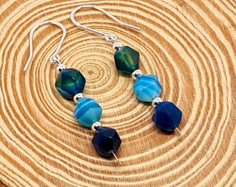 Natural Blue Agate Gemstone And Sterling Silver Dangle Drop Earrings