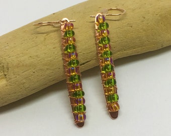 Copper earrings- Hypoallergenic Ear wires- Long earrings- Handmade copper and glass bead long dangle earrings