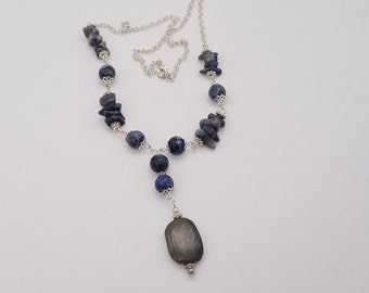 Sodalite Beaded Gemstone Necklace- Grey Blue Focal Stone- Silver Plated Chain Necklace