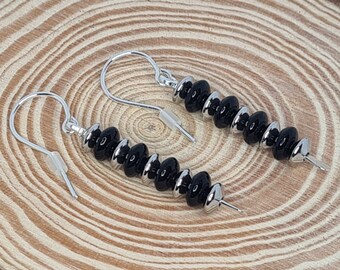 Sterling Silver Earrings - Dangle Earrings- Black Onyx- Stainless Steel Rondelles- Handmade 20 Gauge 0.8mm Sterling Silver Ear Wires