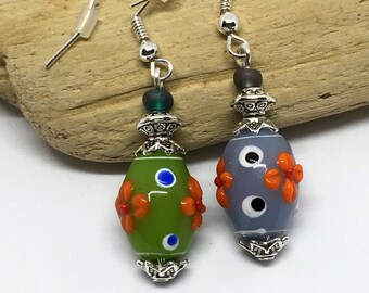 Dangle earrings- Flower bead earrings- Lampwork glass earrings- Orange earrings-Green earrings- Yellow earrings-Blue earrings