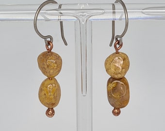 Hypoallergénique Titanium Handmade Ocean Jasper And Copper Dangle Boucles d’oreilles- 20 Jauge 0.8mm Fils d’oreille en titane faits à la main- Boucles d’oreilles BOHO