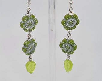 Dangle Drop Earrings- Czech Glass Earrings- Green Glass Flowers- Green Czech Glass Leaf- Tibetan Silver Flower Spacers