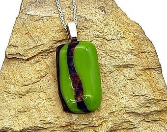 Lime Green Dichroic Glass Pendant With Metallic Black And Gold Stripe- 18 Inch Silver Chain Necklace