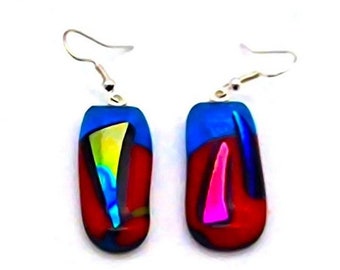 Dichroic Glass Dangle Earrings- Blue Red Gold And Purple Glass Lozenge Earrings- Funky Jewellery