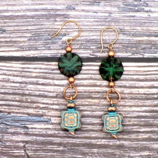 Turtle Verdigris Copper Dangle Earrings- Czech Glass Coins- Handmade 20 Gauge Copper Ear Wires