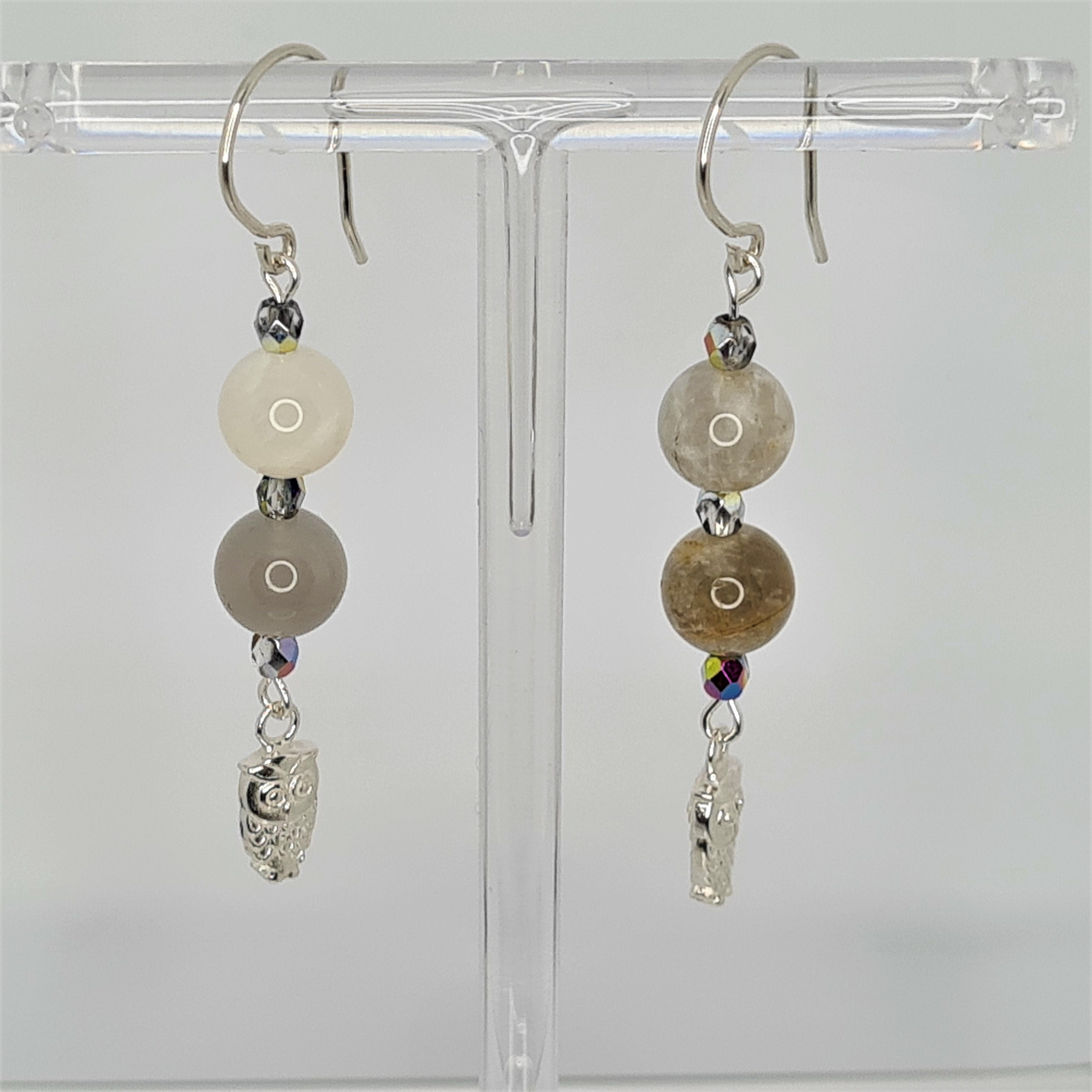 Sterling Silver Owl Earrings – Peach Moonstone Dangle, Handmade