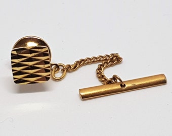 Vintage gold metal tie pin with safety chain and bar- Gift boxed