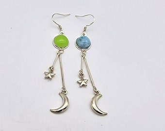 Jade And Larimar Gemstone Long Dangle Earrings- Sterling-Silver Ear Wires- Crescent Moon And Star Pendants
