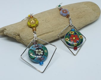 Long mismatched dangle earrings-Czech glass earrings-Hand painted bead earrings
