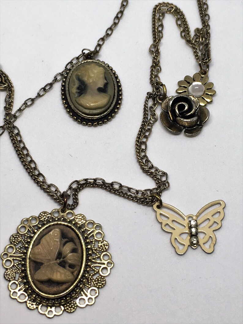 Vintage multi strand necklace multiple pendants-blue cameo-white enamel butterfly-blue butterfly cameo-faux pearls