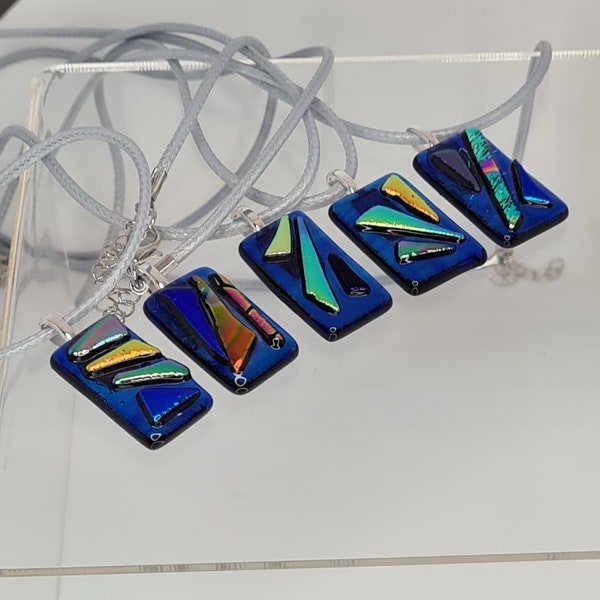 Tack Fused Dichroic Glass Pendant On A Grey Imitation Leather 18 Inch Adjustable Necklace