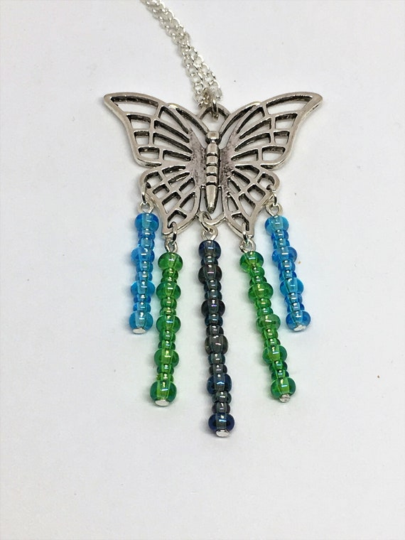 Silver Beaded Butterfly Necklace 18 Inches / Silver