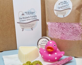 Rhubarb Bath Letterbox Gift set - Yorkshire Gift - Rhubarb Triangle - Wakefield - Rhubarb bath bomb - Rhubarb body Moisturiser - Rhubarb Gin