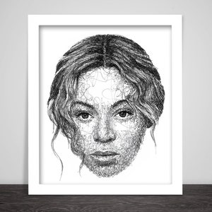 Könnte beinhalten: Schwarz-weiß-Zeichnung eines Gesichts mit Linien. Die Zeichnung besteht aus vielen kleinen Linien, die das Bild eines Gesichts erzeugen.