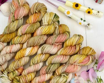 Hand Dyed  Yarn, DK Mini Skeins, Sunflower Star, blend knitting, crochet SewHappyCreative