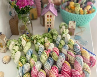 Hand Dyed  Yarn, DK Mini Skeins, Little Beach House  blend knitting, crochet SewHappyCreative