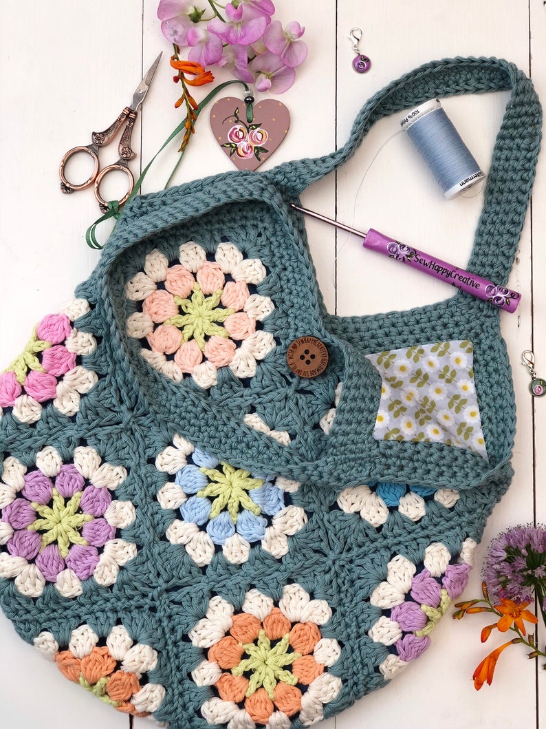 SewHappyCreative pdf pattern crochet Pattern Granny Square Crochet Pattern,Beach Bag instant dowload,photo tutorial Flower Festival Bag