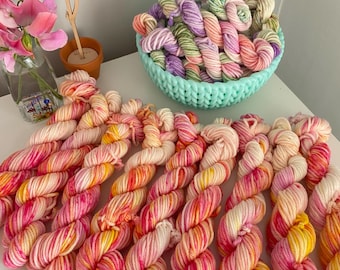 Hand Dyed  Yarn, DK Mini Skeins, Raspberry Spritz  blend knitting, crochet SewHappyCreative