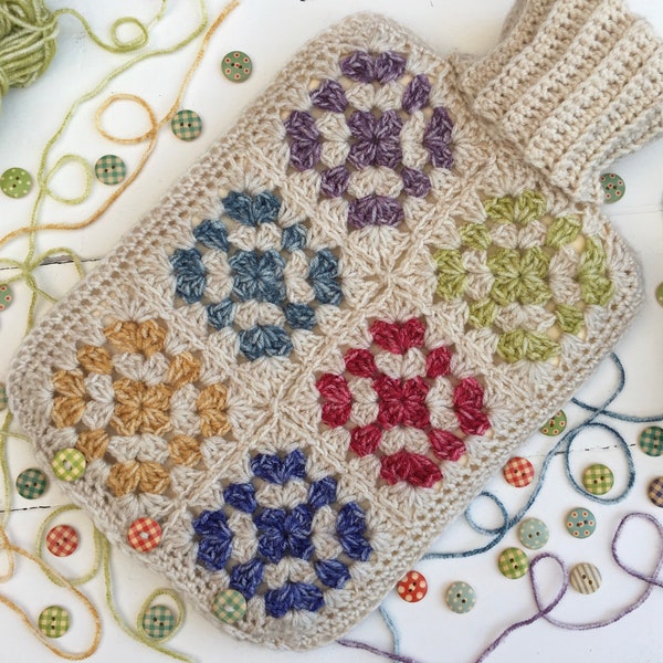 Patrón de crochet cuadrado de la abuela, patrón de cubierta de botella de agua caliente, patrón de crochet, patrón de crochet en PDF de descarga instantánea, tutorial fotográfico.