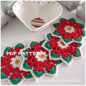 Padrão de crochê, padrão de porta-copos de rosas de Natal - Download instantâneo de padrão de crochê em PDF, tutorial em PDF, padrão, mandala, tutorial em fotos
