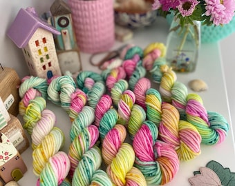 Hand Dyed  Yarn, DK Mini Skeins, Rain or Shine merino blend knitting, crochet SewHappyCreative
