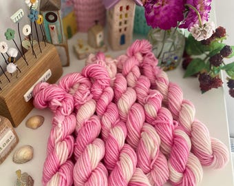 Hand Dyed DK Yarn,  Sparkle, Merino Wool Mini Skein Pink candy  ,knitting,crochet, SewHappyCreative