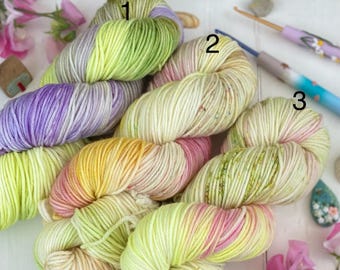 Hand Dyed Yarn DK: Merino Blend, Knitting, Crochet, Summer Flowers, SewHappyCreative