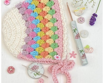 Granny Square Crochet Baby Bonnet Pattern: Photo Tutorial (PDF Pattern), Instant download, SewHappyCreative
