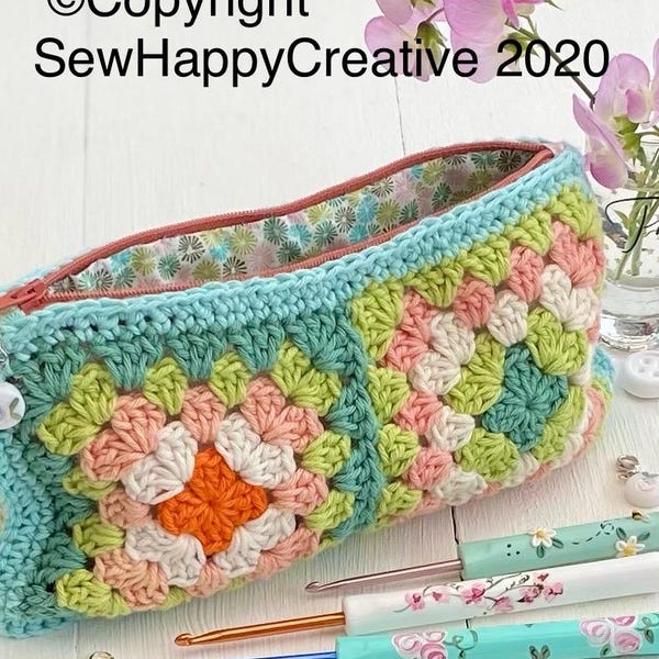 おばあちゃんのスクエア型かぎ針編みパターン ジッパーポーチ：写真付きチュートリアル（PDFパターン）デジタルダウンロード、設計図 SewHappyCreative