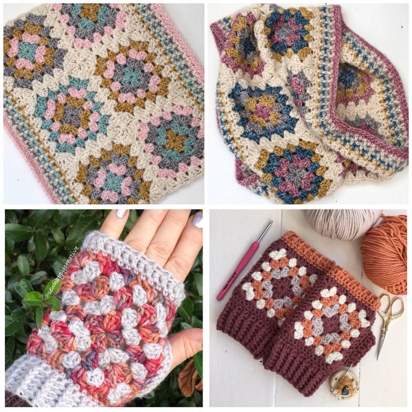 2 Granny Square Crochet Patterns, Wrist Warmers Pattern, Crochet Cowl Pattern, Mitten Pattern,Instant Download PDF, Crochet photo Tutorial.
