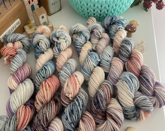 Hand Dyed  Yarn, DK Mini Skeins, Autumn Sky blend knitting, crochet SewHappyCreative