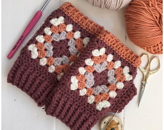 Granny Square Crochet Wrist Warmer Pattern: (PDF Download) Digital Download, Hand Dyed Yarn. SewHappyCreative