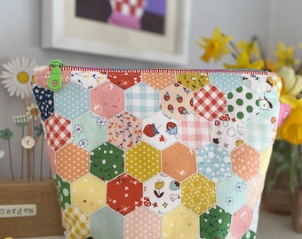 Project Bag Patchwork  Fabric Zipper Pouch, Crochet, Craft Makeup Bag, knitting, SewHappyCreative