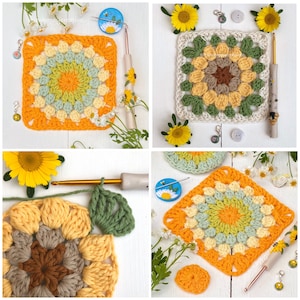 2 Granny Square Crochet Patterns Sunflower, motif,Blankets ,crochet Pattern, SewHappyCreative, pdf pattern, instant download photo tutorial image 1