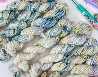 Hand Dyed  Yarn, DK Mini Skeins, Rainbow Tide blend knitting, crochet SewHappyCreative
