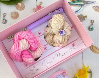 Hand Dyed DK Yarn Mother's Day Gift Box: Merino Blend, Crochet Hook, knitting, SewHappyCreative