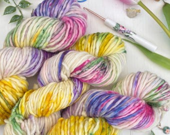Hand Dyed Bulky Yarn, Spring Meadow Superwash Merino, 100g, Crochet, Knitting,SewHappyCreative