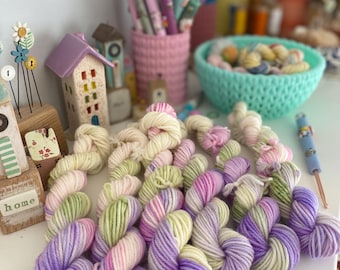 Hand Dyed  Yarn, DK Mini Skeins, Autumn Lavendar blend knitting, crochet SewHappyCreative