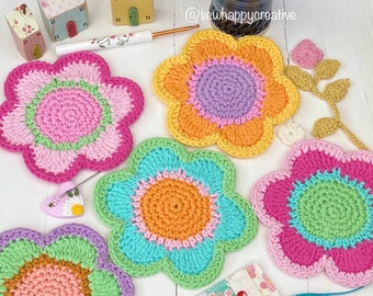 Crochet Pattern, Crochet Coaster, Oopsy Daisy Flower Pattern, pdf pattern instant download, photo tutorial, digital SewHappyCreative