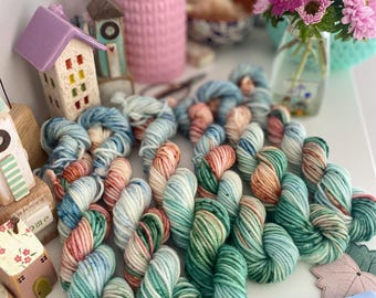 Hand Dyed  Yarn, DK Mini Skeins, Seaglass & coral   blend knitting, crochet SewHappyCreative